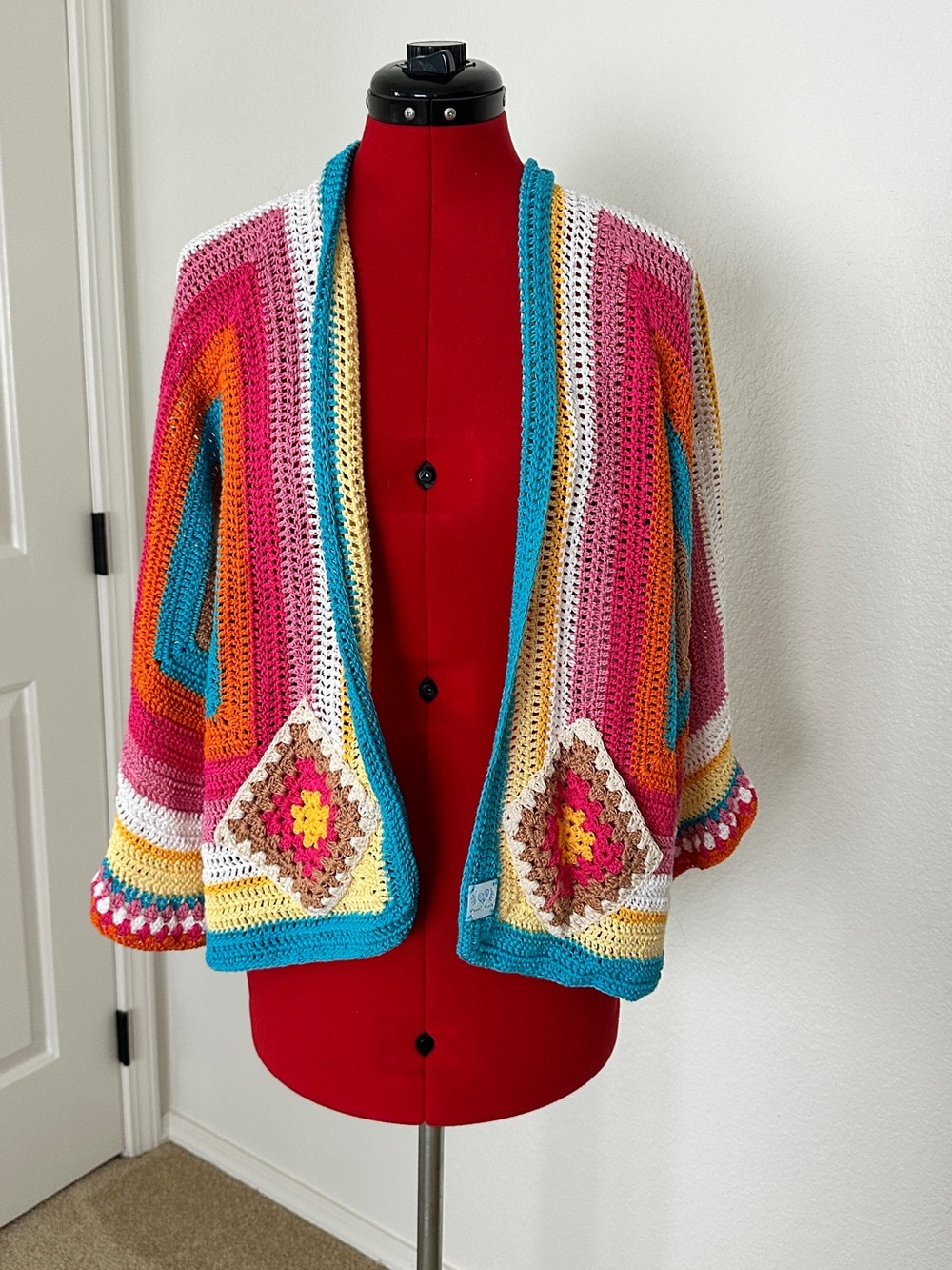 Hand made Color-block Crochet Cardigan Jacket - one size